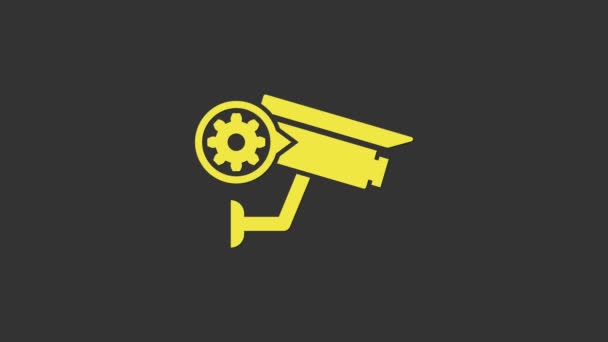 Yellow Security camera and gear icon isolated on grey background. Adjusting app, service concept, setting options, maintenance, repair, fixing. 4K Video motion graphic animation — Stock Video