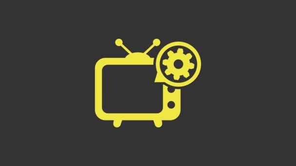 黄色电视和齿轮图标孤立在灰色背景.电视服务的概念。调整应用程序，设置选项，维护，修理，修复。4K视频运动图形动画 — 图库视频影像