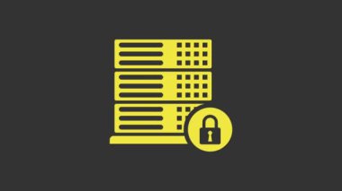 Gri arkaplanda kapalı asma kilit simgesine sahip Sarı Sunucu güvenliği. Güvenlik, güvenlik, koruma kavramı. 4K Video hareketli grafik canlandırması