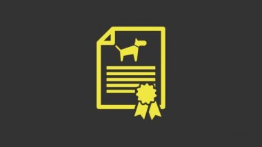 Gri arka planda kedi veya köpek ikonu olan sarı tıbbi seyahat sertifikası. Evcil hayvan için belge. Köpek ya da kedi pençesi izi. 4K Video hareketli grafik canlandırması