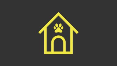 Sarı Köpek Evi ve pati izi ikonu gri arka planda izole edilmiş. Köpek kulübesi. 4K Video hareketli grafik canlandırması