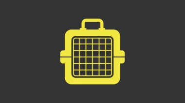 Sarı evcil hayvan çantası simgesi gri arkaplanda izole edildi. Hayvanlar, köpekler ve kediler için taşıyıcı. Hayvanlar için konteynır. Hayvan taşıma kutusu. 4K Video hareketli grafik canlandırması