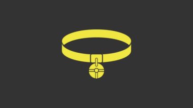 Gri arkaplanda isim etiketi simgesi olan sarı yakalı. Evcil hayvanlar için basit malzemeler. Kedi köpek bakımı. Evcil hayvan zincirleri. 4K Video hareketli grafik canlandırması