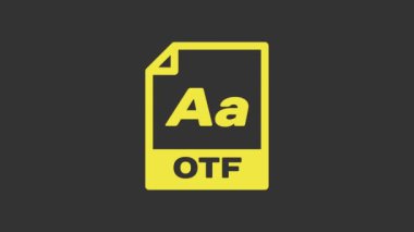 Sarı OTF dosya dökümanı. Gri arkaplanda otf düğmesi simgesi indir. OTF dosya sembolü. 4K Video hareketli grafik canlandırması