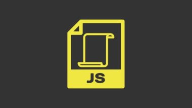 Sarı JS dosya dökümanı. J düğmesi simgesi gri arkaplanda izole edildi. JS dosya sembolü. 4K Video hareketli grafik canlandırması