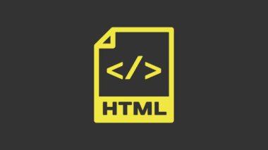 Sarı HTML dosya belgesi. Gri arkaplanda html düğmesi simgesi indir. HTML dosya simgesi. İşaretleme dili sembolü. 4K Video hareketli grafik canlandırması