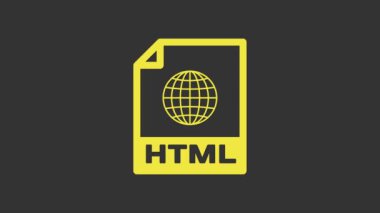 Sarı HTML dosya belgesi. Gri arkaplanda html düğmesi simgesi indir. HTML dosya simgesi. İşaretleme dili sembolü. 4K Video hareketli grafik canlandırması