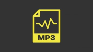 Sarı MP3 dosya dökümanı. Gri arkaplanda izole edilmiş mp3 düğmesi simgesi indir. Mp3 müzik format işareti. MP3 dosya sembolü. 4K Video hareketli grafik canlandırması