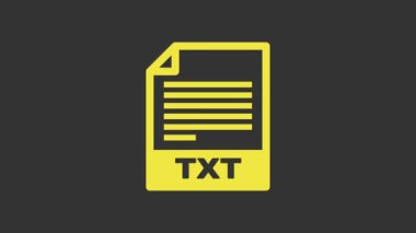 Sarı TXT dosya belgesi. Gri arkaplanda txt düğmesi simgesi indir. Metin dosya uzantısı sembolü. 4K Video hareketli grafik canlandırması