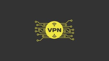 Sarı VPN, gri arkaplanda izole edilmiş mikroçip devre ikonu ile daire içinde. 4K Video hareketli grafik canlandırması