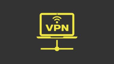 Sarı VPN Bilgisayar Ağı simgesi gri arkaplanda izole edildi. Laptop ağı. İnternet bağlantısı. 4K Video hareketli grafik canlandırması