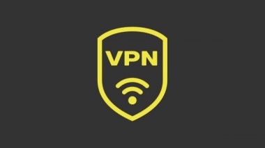 VPN 'li Sarı Kalkan ve gri arkaplanda izole edilmiş kablosuz internet ağ simgesi. VPN güvenlik kavramını koruyor. 4K Video hareketli grafik canlandırması