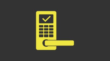 Gri arkaplanda izole edilmiş ikonu açmak için kablosuz teknolojiye sahip sarı dijital kapı kilidi. Kapı kolu tabelası. Güvenlik akıllı ev. 4K Video hareketli grafik canlandırması