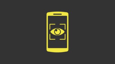 Sarı cep telefonu ve göz tarama simgesi gri arkaplanda izole edildi. Göz taraması yapılıyor. Güvenlik kontrol sembolü. Siber göz işareti. 4K Video hareketli grafik canlandırması