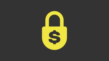 Sarı Para kilidi simgesi gri arkaplanda izole edildi. Asma kilit ve dolar sembolü. Finans, güvenlik, güvenlik, koruma, gizlilik kavramı. 4K Video hareketli grafik canlandırması