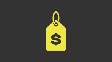 Gri arkaplanda dolar simgesi olan sarı etiket. Rozet fiyatına. Dolar sembollü indirim. Reklam etiketi indirimi. 4K Video hareketli grafik canlandırması