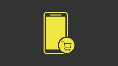 Sarı cep telefonu ve alışveriş arabası simgesi gri arka planda izole edilmiş. İnternetten satın alma sembolü. Süpermarket sepeti sembolü. 4K Video hareketli grafik canlandırması