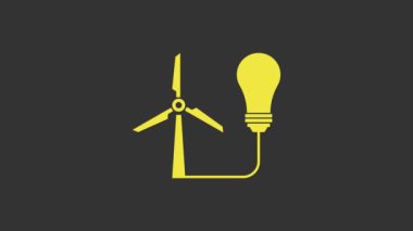 Gri arka planda izole edilmiş, çevreye dost enerji ikonu fikri olarak rüzgar türbinli sarı ampul. Alternatif enerji kavramı. 4K Video hareketli grafik canlandırması