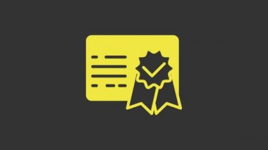 Sarı Sertifika şablon simgesi gri arkaplanda izole edildi. Başarı, ödül, diploma, burs, diploma. İş başarısı sertifikası 4K Video hareketli grafik canlandırması