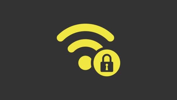 Sárga Wifi zárt jel ikon elszigetelt szürke háttér. Jelszó Wi-Fi szimbólum. Vezeték nélküli hálózati ikon. Wifi zóna. 4K Videó mozgás grafikus animáció — Stock videók