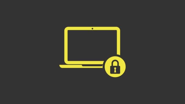 Желтый Ноутбук и замок значок изолированы на сером фоне. Компьютер и замок. Безопасность, безопасность, концепция защиты. Безопасная сеть. Видеографическая анимация 4K — стоковое видео