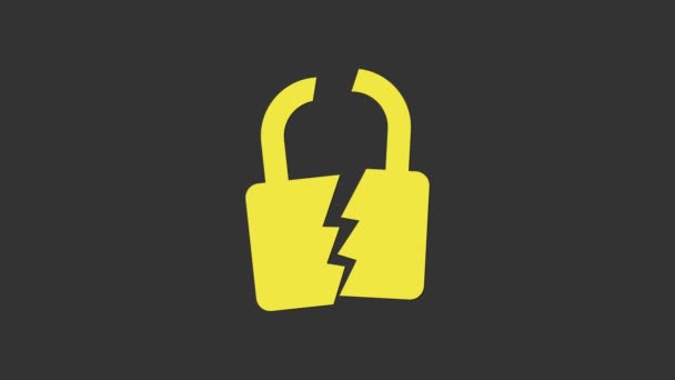 Žlutá Zlomená nebo prasklá ikona zámku izolovaná na šedém pozadí. Odemkni znamení. Grafická animace pohybu videa 4K — Stock video