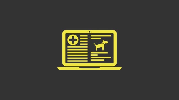 Κίτρινο Ιατρικό κλινικό αρχείο σκύλου στο laptop εικονίδιο απομονώνονται σε γκρι φόντο. Έντυπο ασφάλισης υγείας. Συνταγή, αναφορά ιατρικών εξετάσεων. 4K Γραφική κίνηση κίνησης βίντεο — Αρχείο Βίντεο