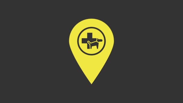 Yellow Map pointer with veterinary medicine hospital, clinic or pet shop for animals icon isolated on grey background. Vet or veterinarian clinic. 4K Video motion graphic animation — Stock Video