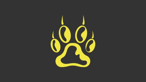 Κίτρινη εικόνα εκτύπωσης Paw απομονωμένη σε γκρι φόντο. Αποτυπώματα σκύλου ή γάτας. Ίχνη ζώων. 4K Γραφική κίνηση κίνησης βίντεο — Αρχείο Βίντεο