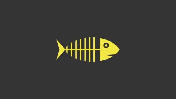 Sárga hal csontváz ikon elszigetelt szürke alapon. Halcsont jel. 4K Videó mozgás grafikus animáció — Stock videók