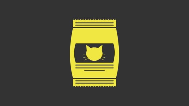 Giallo Sacchetto di cibo per icona gatto isolato su sfondo grigio. Cibo per animali. Pacchetto cibo per animali. Animazione grafica 4K Video motion — Video Stock