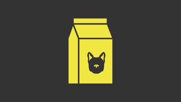 Saco amarelo de comida para o ícone do cão isolado no fundo cinza. Comida para animais. Pacote de alimentos para animais. Animação gráfica em movimento de vídeo 4K — Vídeo de Stock