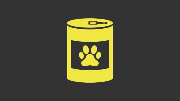 Yellow Canned food icon isolated on grey background. Food for animals. Pet food can. Dog or cat paw print. 4K Video motion graphic animation — Stock Video