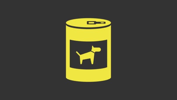 Желтый консервы для иконки собаки изолированы на сером фоне. Корм для животных. Корм для домашних животных. Видеографическая анимация 4K — стоковое видео