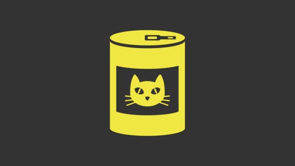 Желтые консервы для иконки кота изолированы на сером фоне. Корм для животных. Корм для домашних животных. Видеографическая анимация 4K — стоковое видео