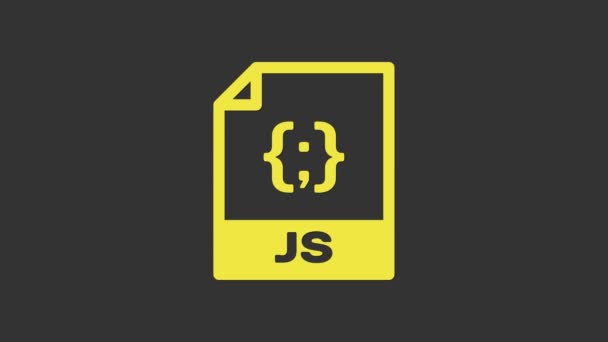 黄色のJSファイル文書。灰色の背景に隔離されたjsボタンアイコンをダウンロードします。JSファイルのシンボル。4Kビデオモーショングラフィックアニメーション — ストック動画