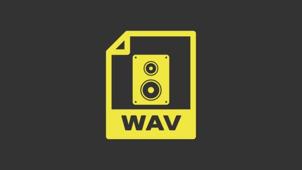 黄色のWAVファイル文書。灰色の背景に隔離されたwavボタンアイコンをダウンロードします。デジタルオーディオリフファイルのWAV波形オーディオファイル形式。4Kビデオモーショングラフィックアニメーション — ストック動画