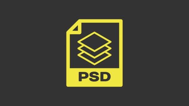 Желтый PSD-файл. Иконка кнопки выделена на сером фоне. Символ файла PSD. Видеографическая анимация 4K — стоковое видео