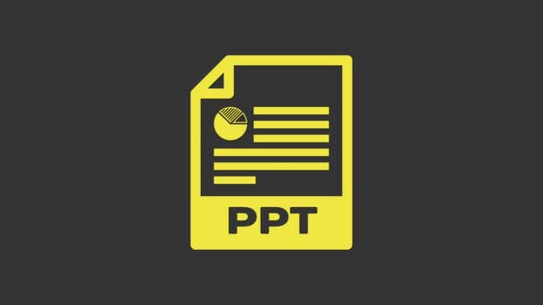 Sarı PPT dosya belgesi. Gri arkaplanda ppt düğmesi simgesi indir. PPT dosya sunumu. 4K Video hareketli grafik canlandırması — Stok video