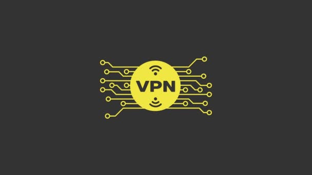 VPN kuning dalam lingkaran dengan ikon sirkuit microchip terisolasi pada latar belakang abu-abu. Animasi grafis gerak Video 4K — Stok Video