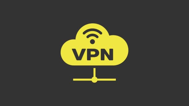 Sárga VPN Hálózati felhő kapcsolat ikon elszigetelt szürke háttér. Társadalmi technológia. Felhő alapú számítástechnika. 4K Videó mozgás grafikus animáció — Stock videók