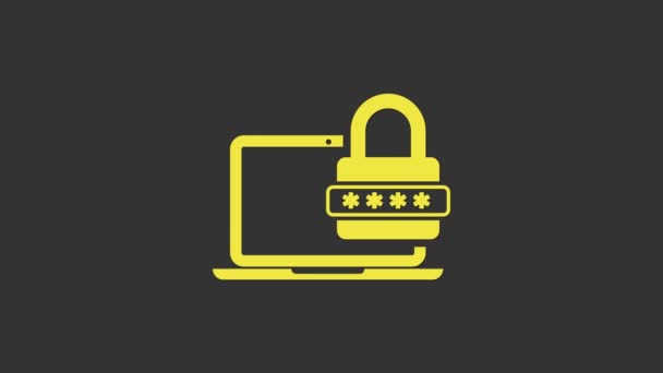Gelber Laptop mit Passwort-Benachrichtigung und Schloss-Symbol isoliert auf grauem Hintergrund. Sicherheit, persönlicher Zugang, Benutzerberechtigung, Login-Formular. 4K Video Motion Grafik Animation — Stockvideo