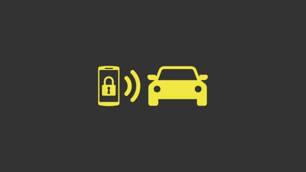 Icône du système d'alarme Smart jaune isolée sur fond gris. Le smartphone contrôle la sécurité de la voiture sur le sans fil. Animation graphique de mouvement vidéo 4K — Video