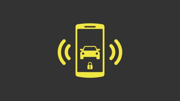 黄色智能汽车报警系统图标隔离在灰色背景下.智能手机在无线上控制着汽车的安全性。4K视频运动图形动画 — 图库视频影像