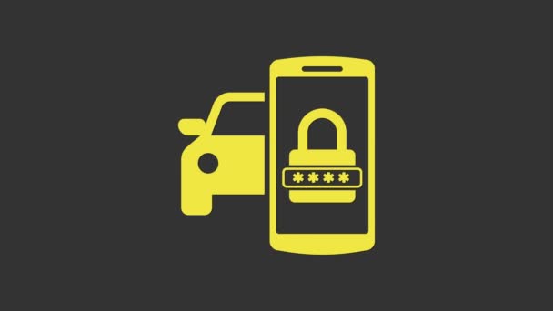 Icône du système de sécurité automobile Smart jaune isolée sur fond gris. Le smartphone contrôle la sécurité de la voiture sur le sans fil. Animation graphique de mouvement vidéo 4K — Video