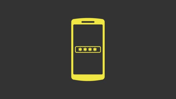 Κίτρινη εικόνα προστασίας κινητού τηλεφώνου και κωδικού πρόσβασης που απομονώνεται σε γκρι φόντο. Ασφάλεια, ασφάλεια, προσωπική πρόσβαση, εξουσιοδότηση χρήστη, ιδιωτικότητα. 4K Γραφική κίνηση κίνησης βίντεο — Αρχείο Βίντεο