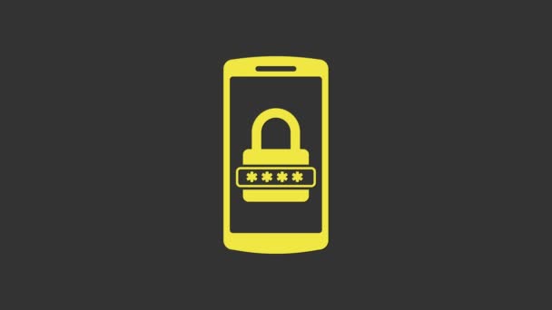 Icono amarillo de protección de teléfono móvil y contraseña aislado sobre fondo gris. Seguridad, seguridad, acceso personal, autorización del usuario, privacidad. Animación gráfica de vídeo 4K — Vídeos de Stock