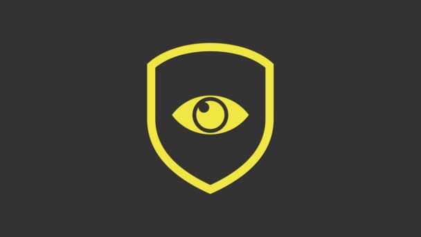 Żółta tarcza i ikona oka odizolowane na szarym tle. Bezpieczeństwo, ochrona, koncepcja prywatności. 4K Animacja graficzna ruchu wideo — Wideo stockowe