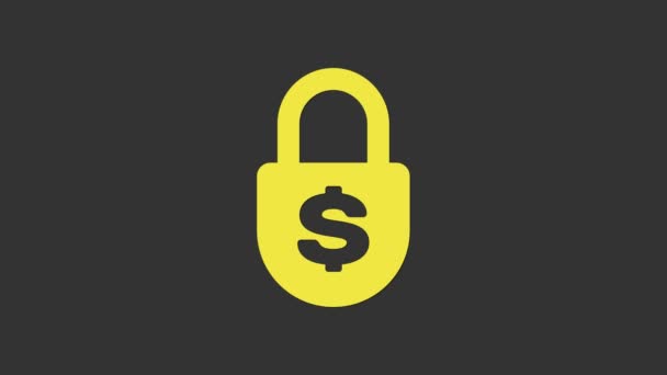 グレーの背景に黄色のお金のロックアイコンを隔離。南京錠とドル記号。財務、セキュリティ、安全性、保護、プライバシーの概念。4Kビデオモーショングラフィックアニメーション — ストック動画