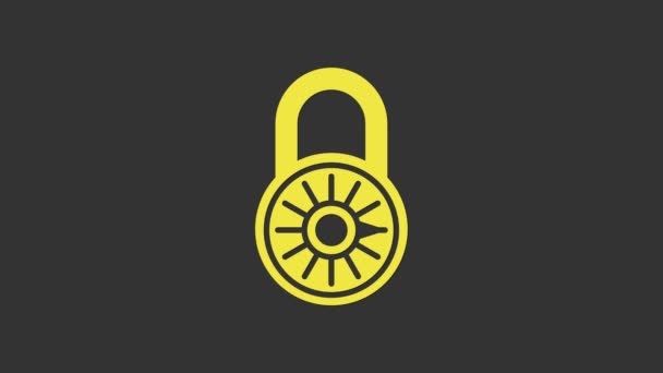 Gul Säker kombination lås hjul ikon isolerad på grå bakgrund. Kombinationshänglås. Säkerhet, skydd, lösenord, sekretess. 4K Video motion grafisk animation — Stockvideo